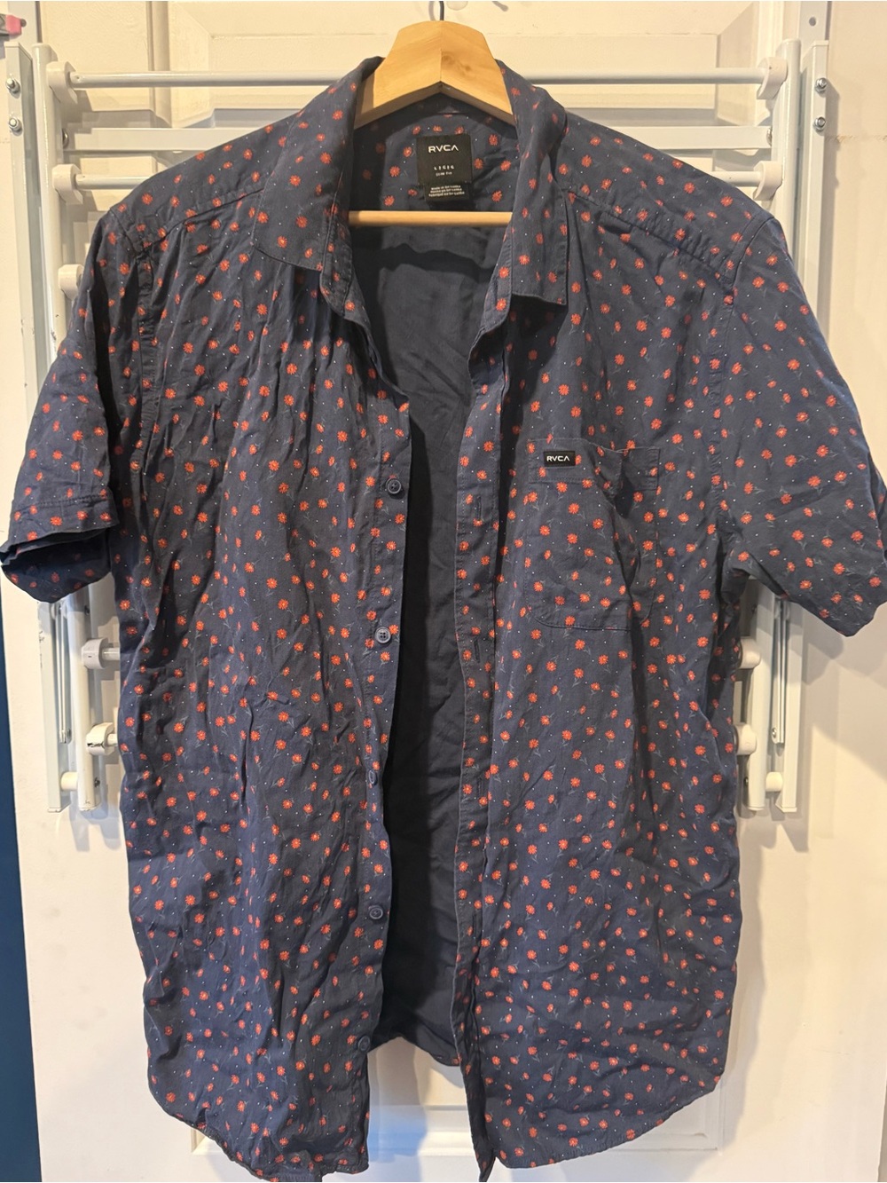 RVCA Navy Short Sleeve Shirt with Red Floral Dots